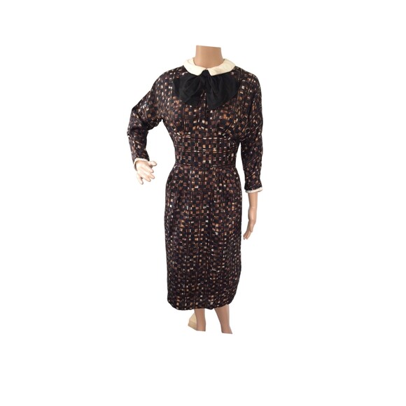 Vintage 50s Brown Print Dress Toni Edwards S - Picture 9 of 10